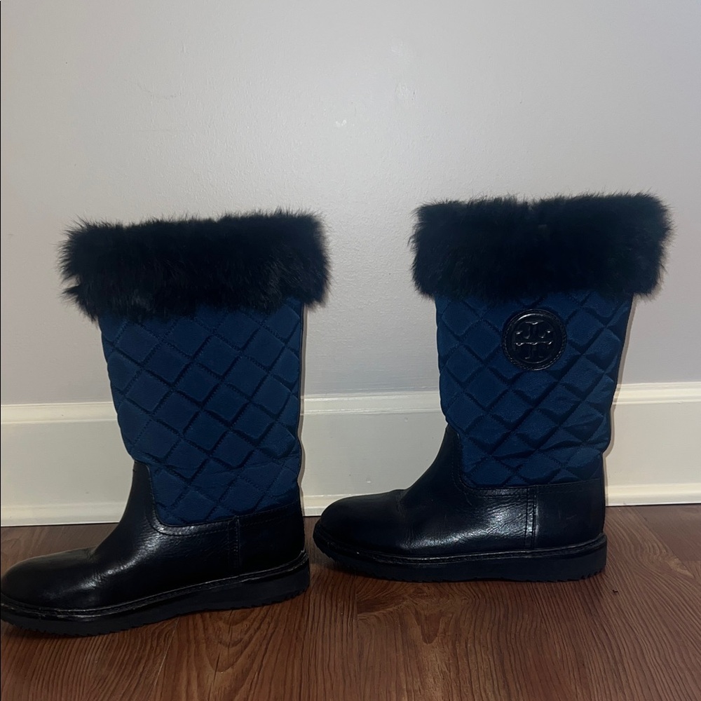 Tory Burch Navy Quilted Fur-Trim Mid-Calf Boots
